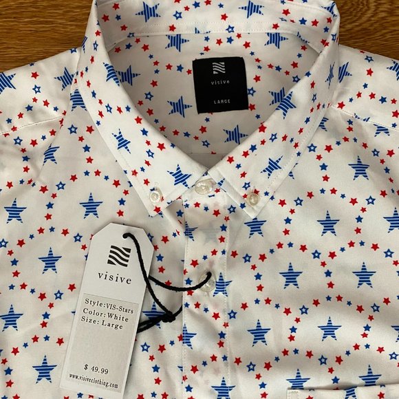 Visive Mens Short Sleeve Shirt Button Down Star Stripes Patriotic USA Large NEW - Picture 3 of 6